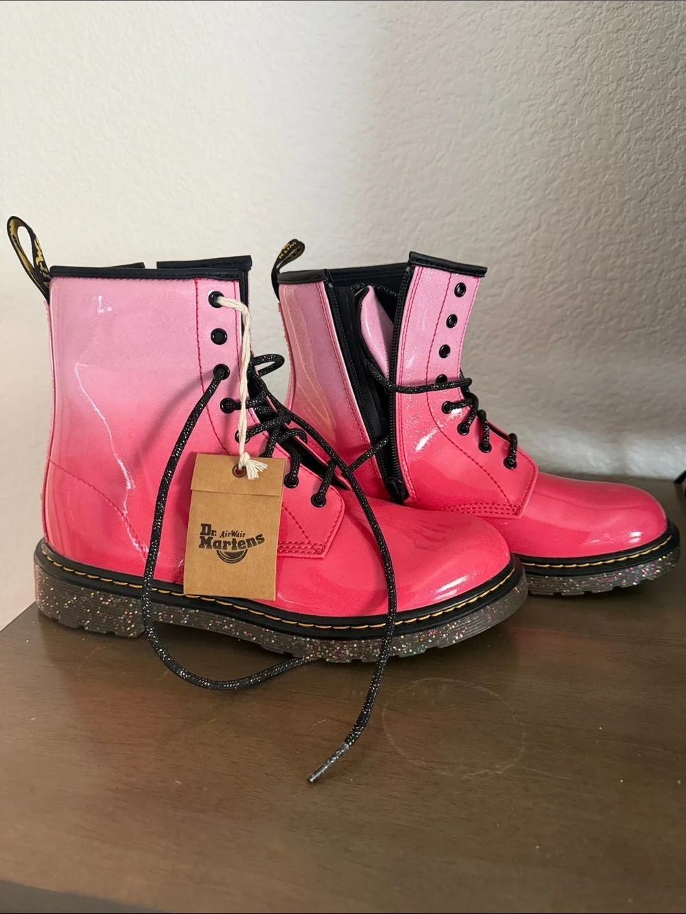 Dr. Martens Pink Ombre Patent Combat Boots with Glitter Sole